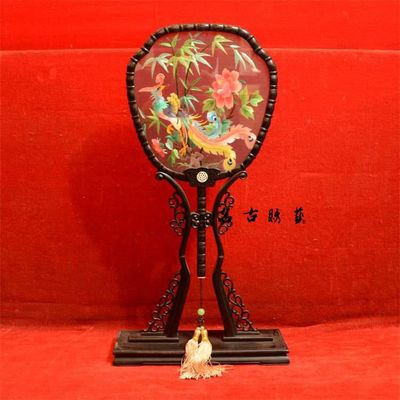 蘇繡藝術(shù)精品 雙面繡紫檀宮扇擺件《龍鳳呈祥》